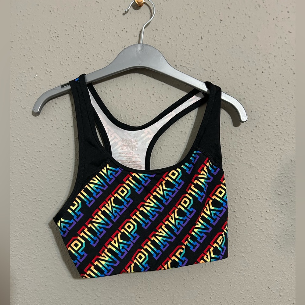 PINK Victoria's Secret Black Sports Bra with Vibrant Pattern. Size Small.